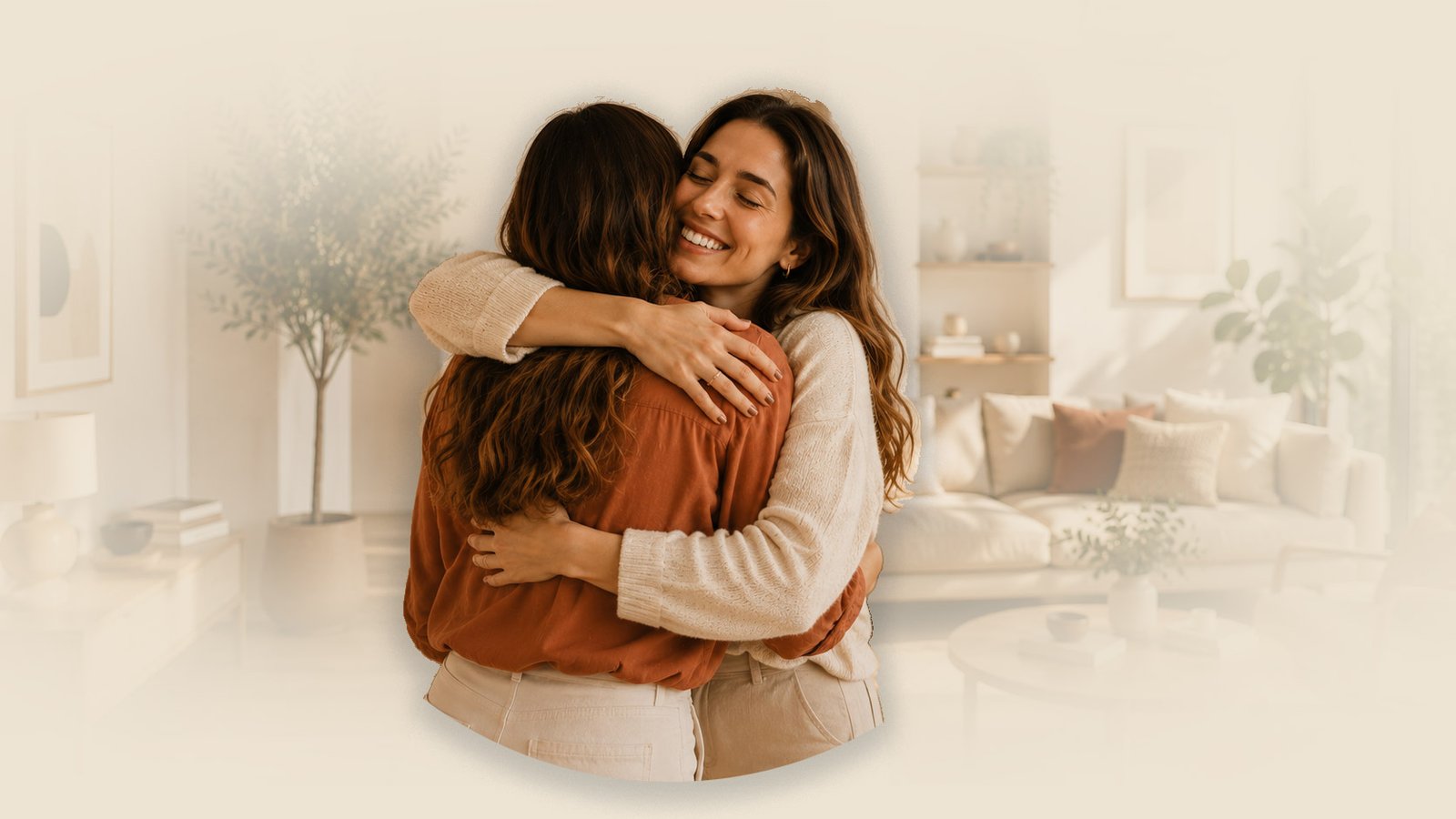 Mujeres abrazándose con cariño.